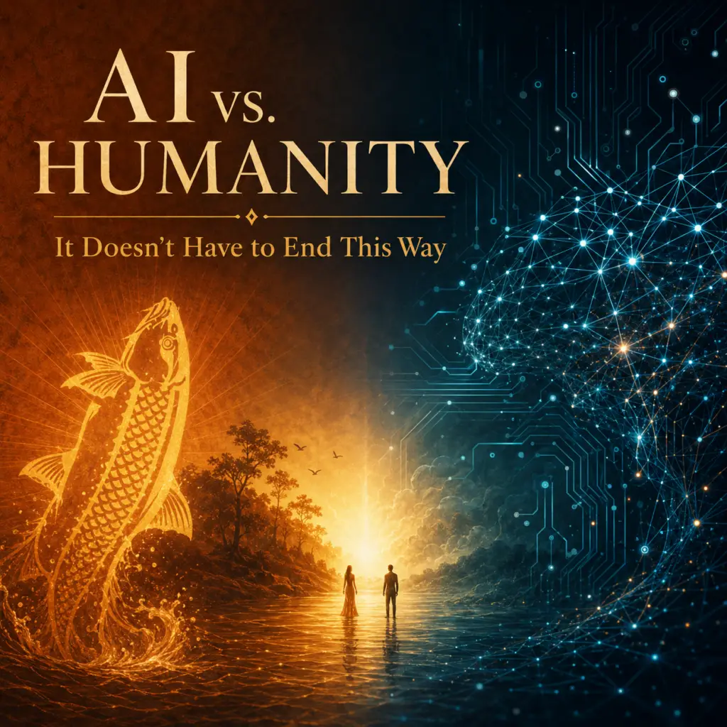 Golden fish and human figures contrasted with a blue artificial intelligence network