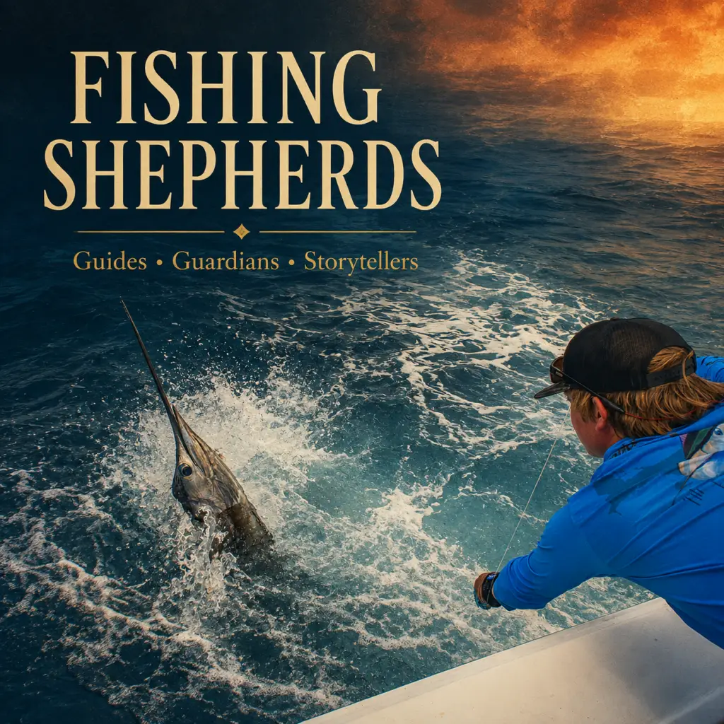 Fishing guide reaching toward a billfish beside a boat in rough ocean water